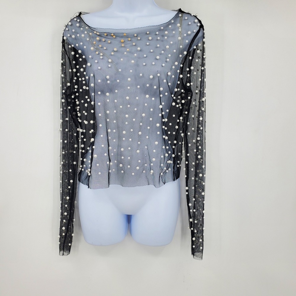 So Fierce Black Sheer Mesh Faux Pearl Embellished Long Sleeve Top Goth Festival
